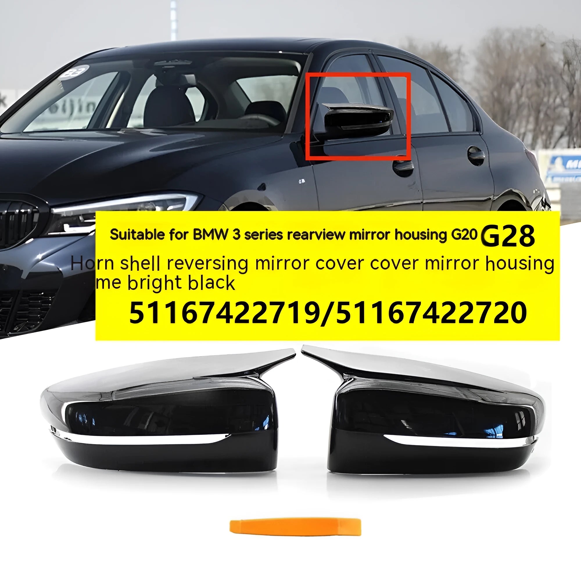 Two bright black ABS plastic mirror shells for BMW 3 Series G20 G28 G30 models