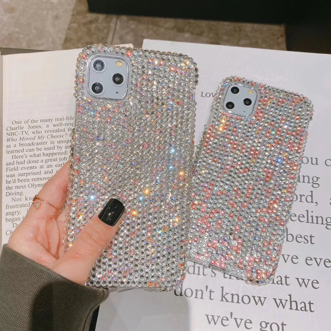 Acrylic rhinestone phone case back cover for iPhone in gradient pink solid colour finish