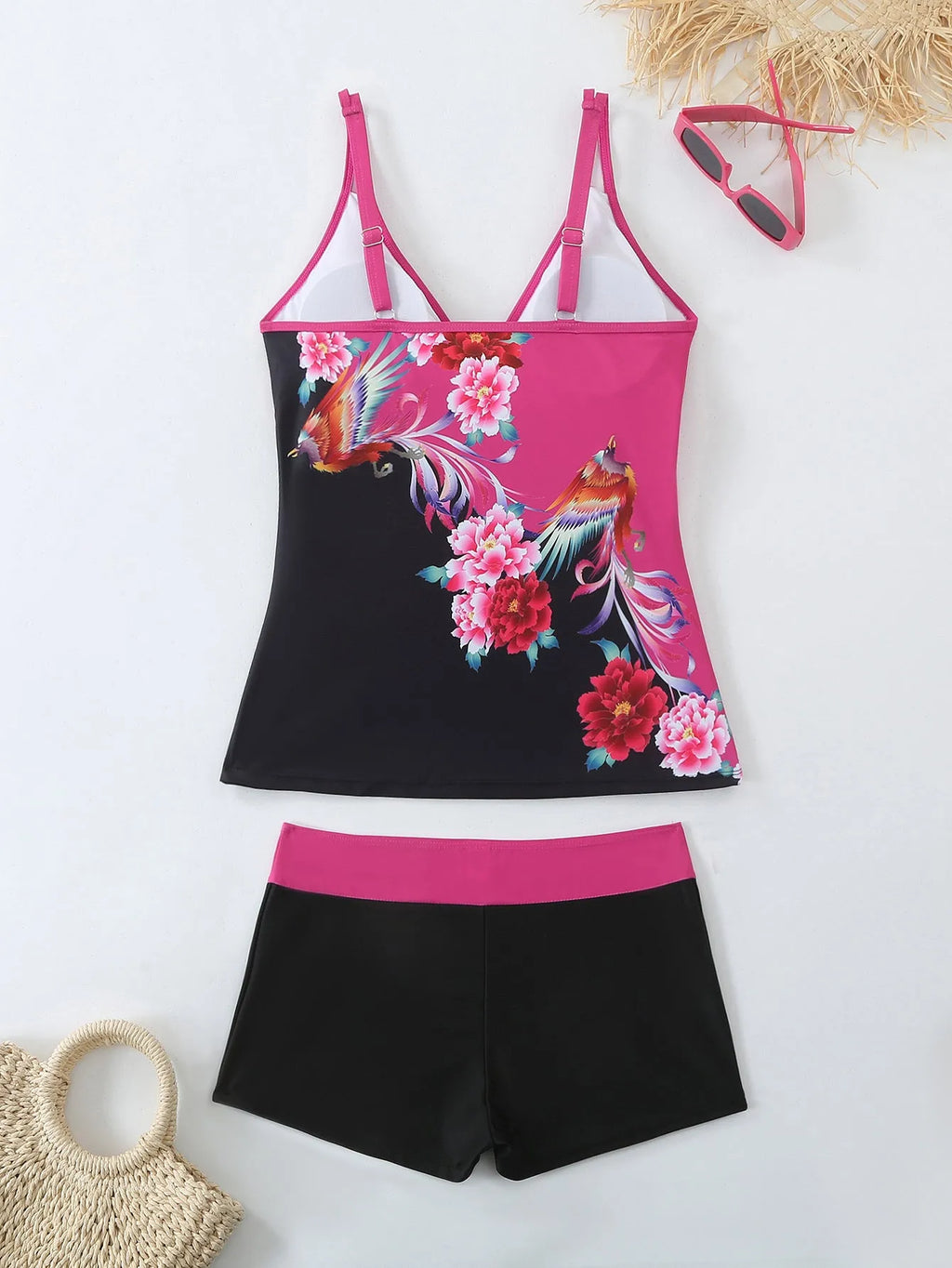Women's plus size printed swimsuit in black or rose red with briefs style.
