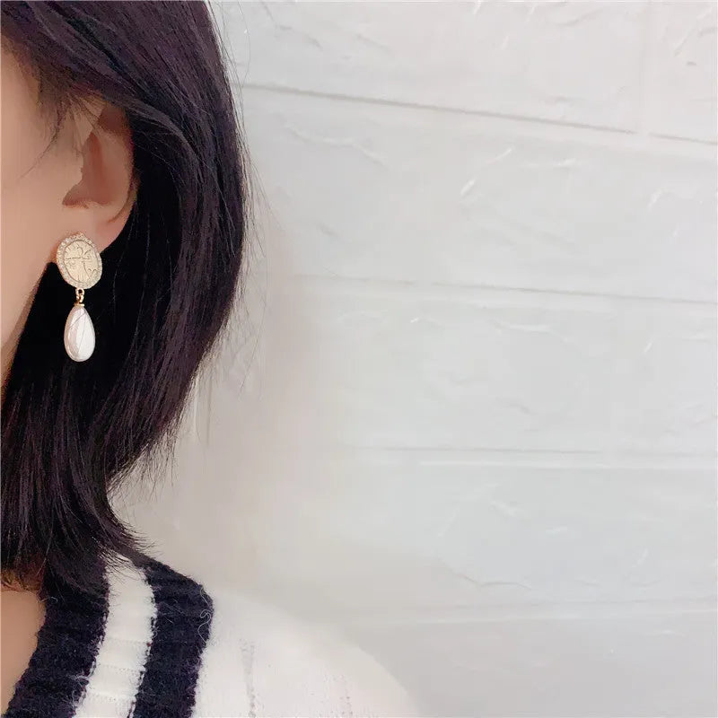 Water drop pearl earrings with micro inlaid zircon, copper geometry design and silver needle option
