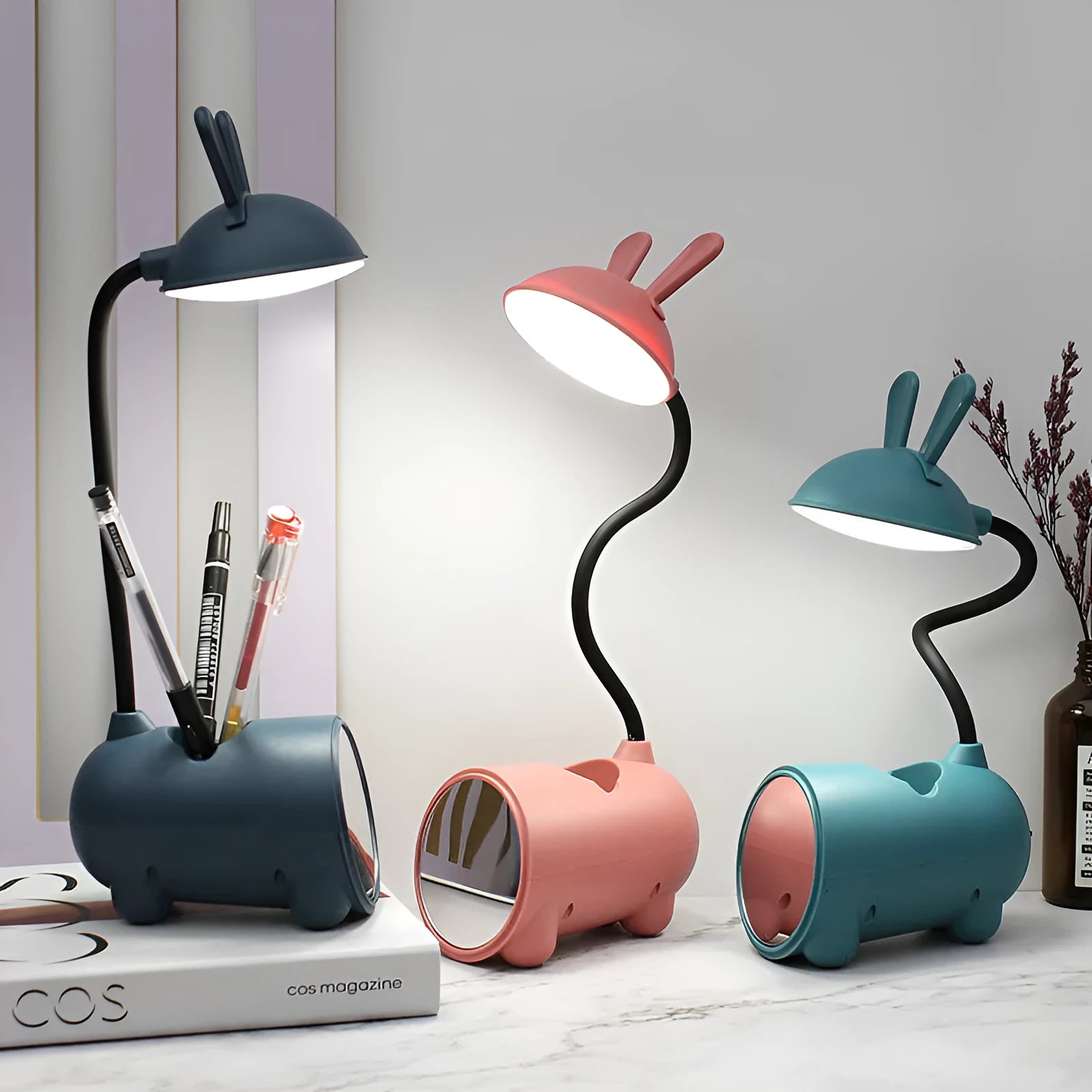 Cartoon-themed USB desk lamp with pen container in dark blue, green, or pink colours