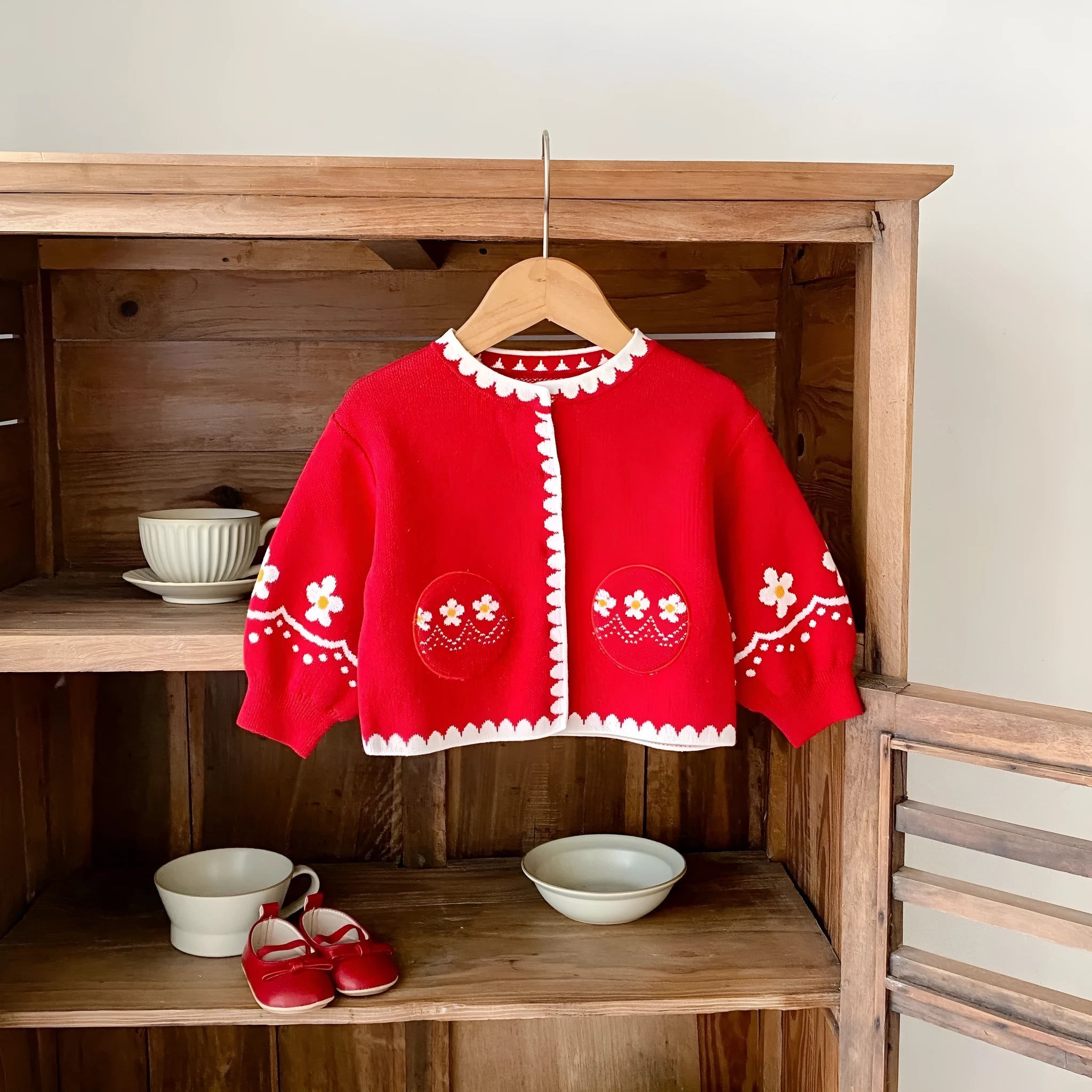 Girls cotton flower jacquard knitted cardigan in single colour, long sleeves, mid-length spring top