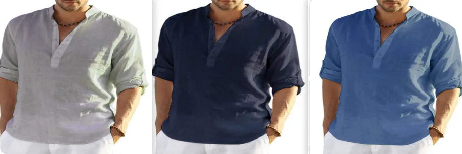Men's casual long sleeve shirt in a cotton linen blend with a stand collar, shown in a solid colour.