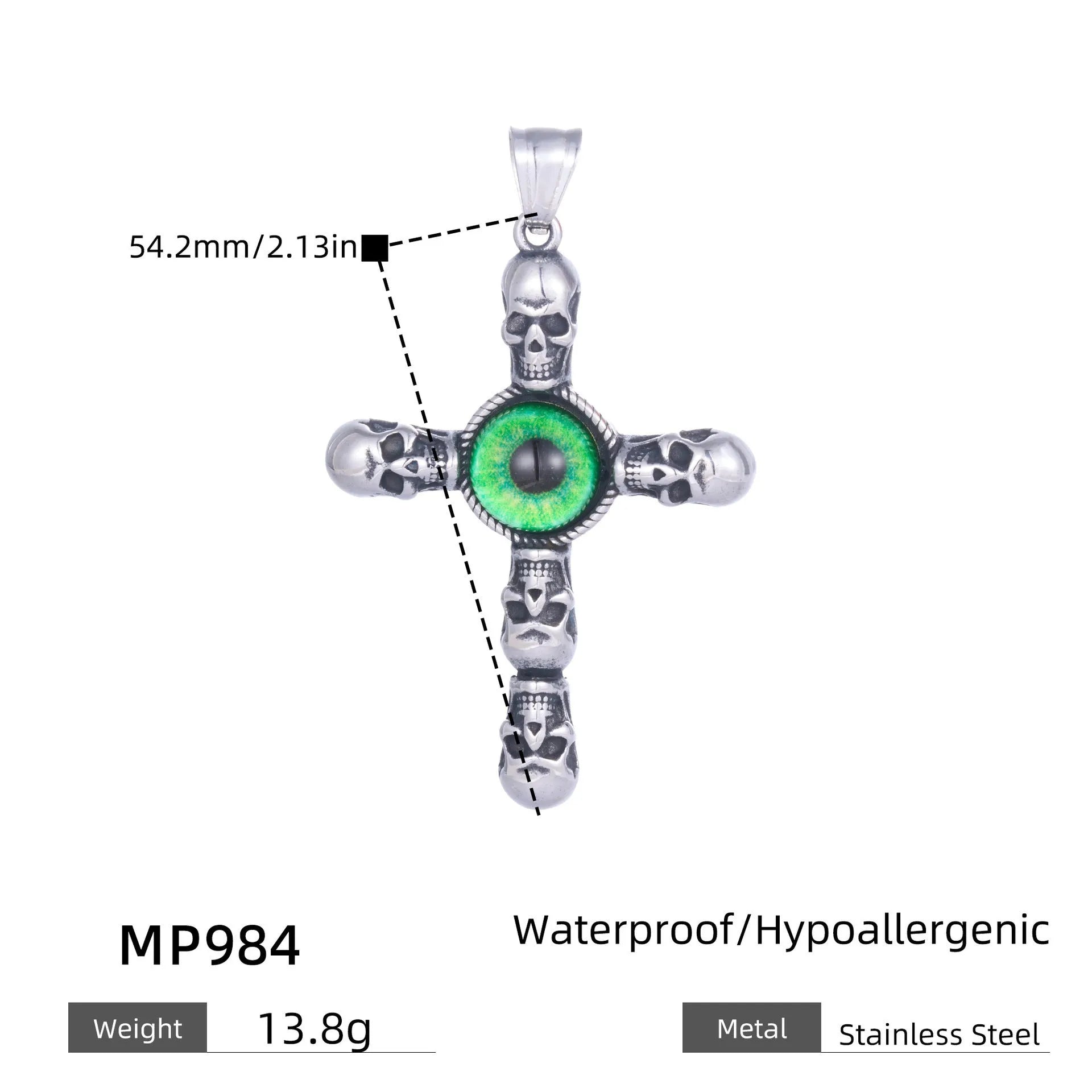 Stainless steel cross skull pendant with green eye detail in U-shaped geometric form on a chain