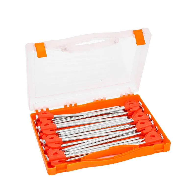 Boxed orange plastic tent stake measuring 6.5x20.5mm with flat head