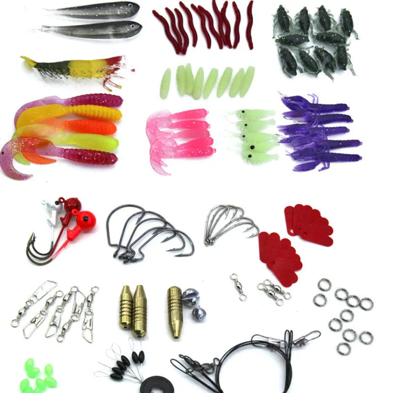 132-piece rose red treasure fishing lure suit with soft baits and high-carbon steel hooks in a storage case.