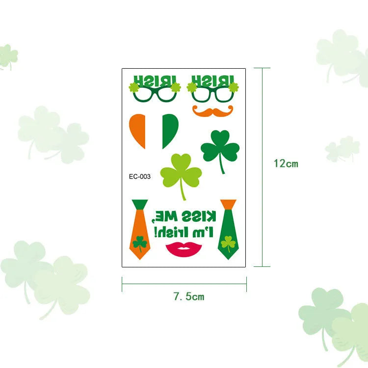 Sheet of children's temporary tattoo stickers featuring a large green St. Patrick's Day clover design