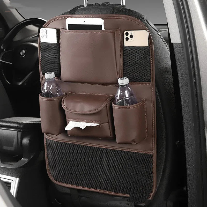 Leather car seat back storage bag shown in available colours: black, grey, green, and brown.
