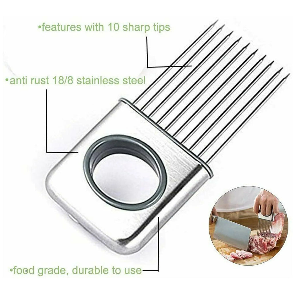 Stainless steel onion holder slicer with sharp prongs and a separate finger guard on a kitchen counter.