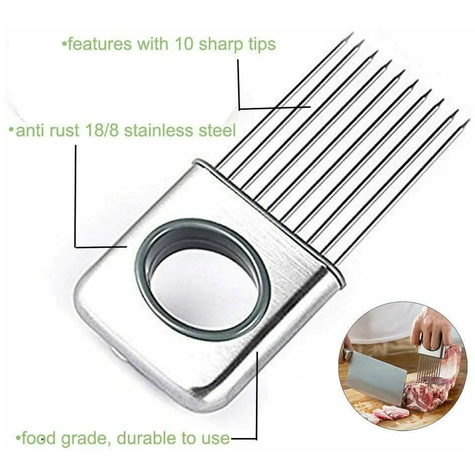 Stainless steel onion holder slicer with sharp prongs and a separate finger guard on a kitchen counter.