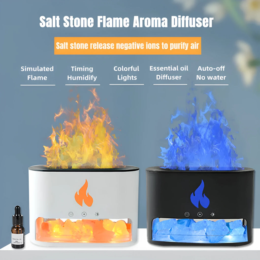 Square desktop flame humidifier with colourful 3D flame effect and crystal salt stone