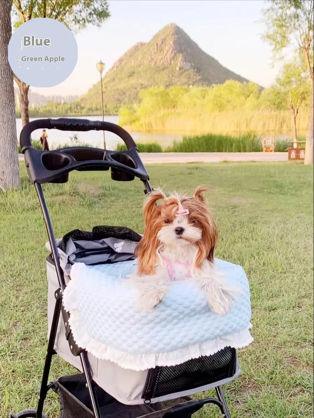 Pure cotton pet stroller set with anti-dirty towel, cushion, and pillow in a floral colour pattern.