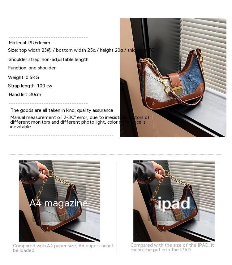 Brown soft denim women's shoulder bag with diamond mesh and chain details, showing bucket shape.