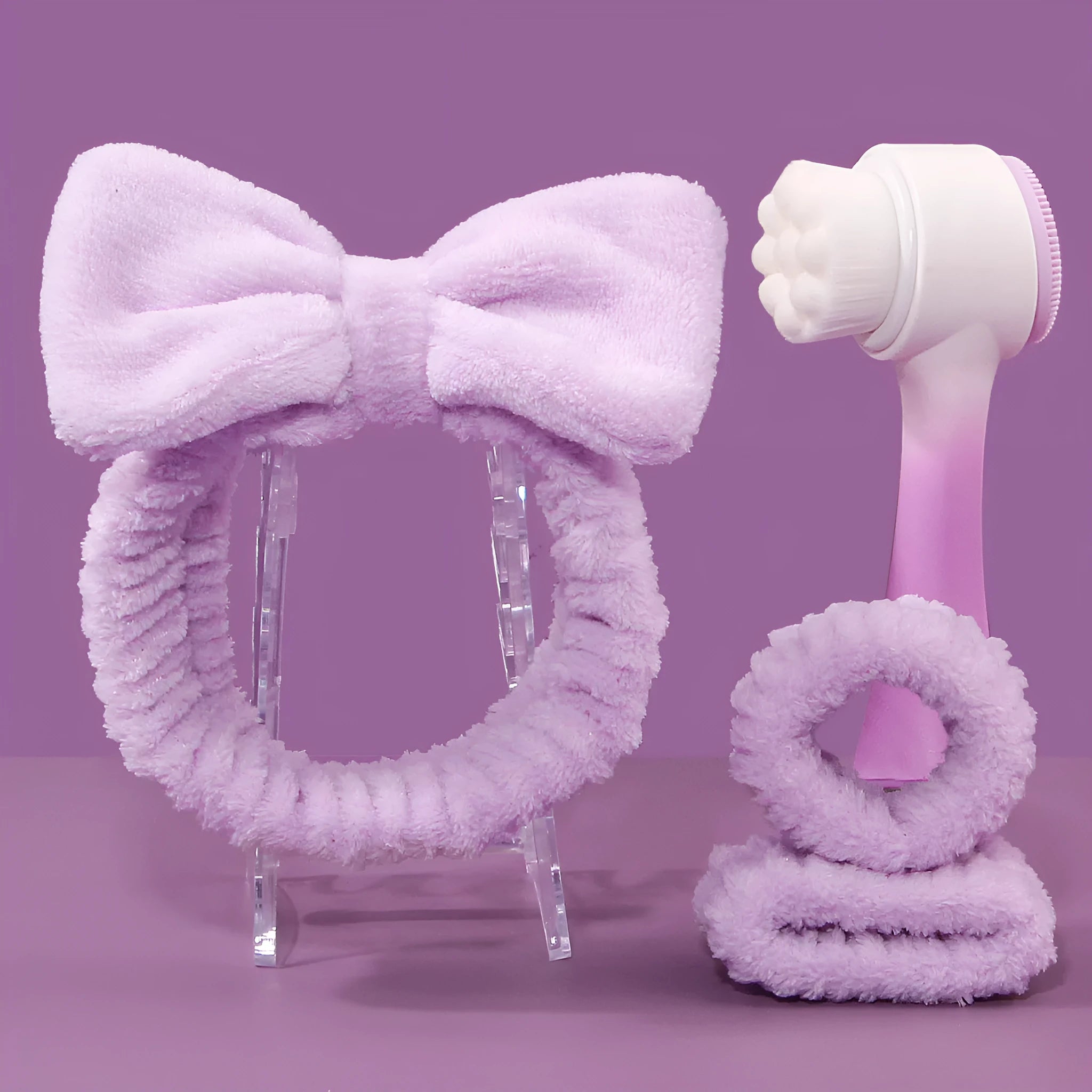 Facial brush set with coral fleece headband and nylon bristles in purple, grey, white or pink