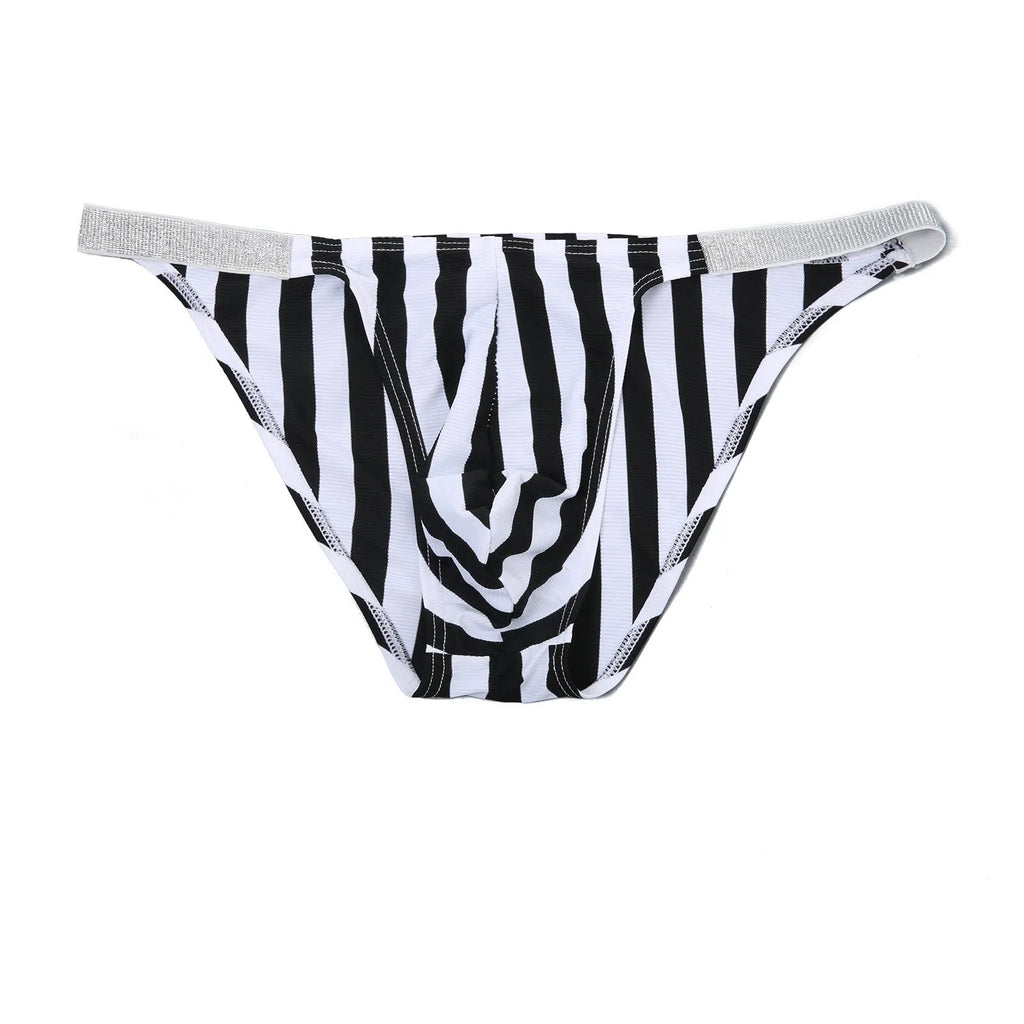 Men's zebra stripe nylon briefs with U pouch design and low waist styling