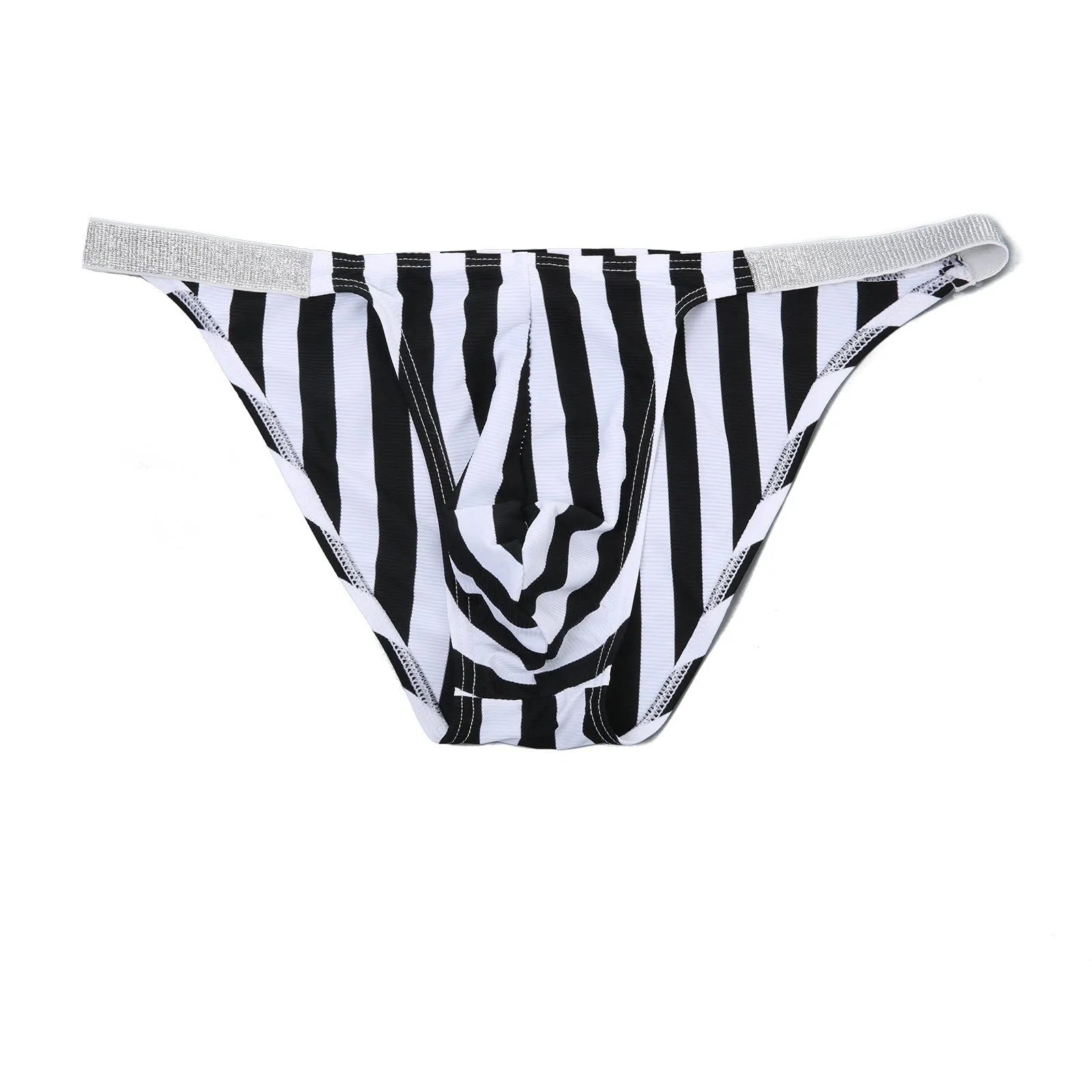 Men's zebra stripe nylon briefs with U pouch design and low waist styling