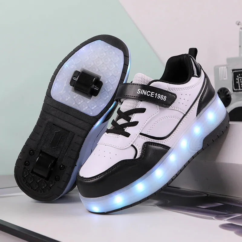 Charging flash roller skates with LED lights in pink, white, black, and purple colours
