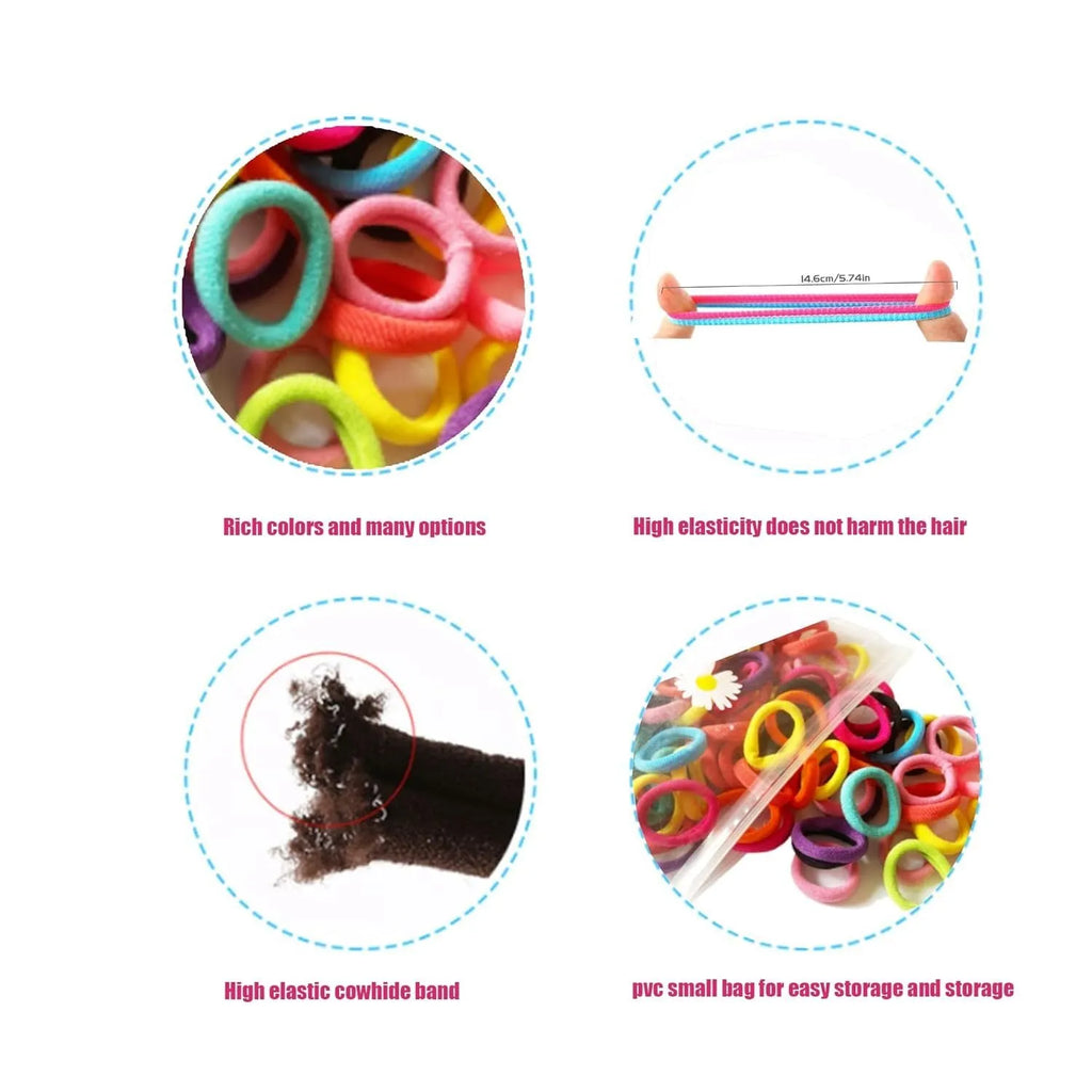 100 seamless cotton baby hair ties in 10 colours displayed in jar packaging