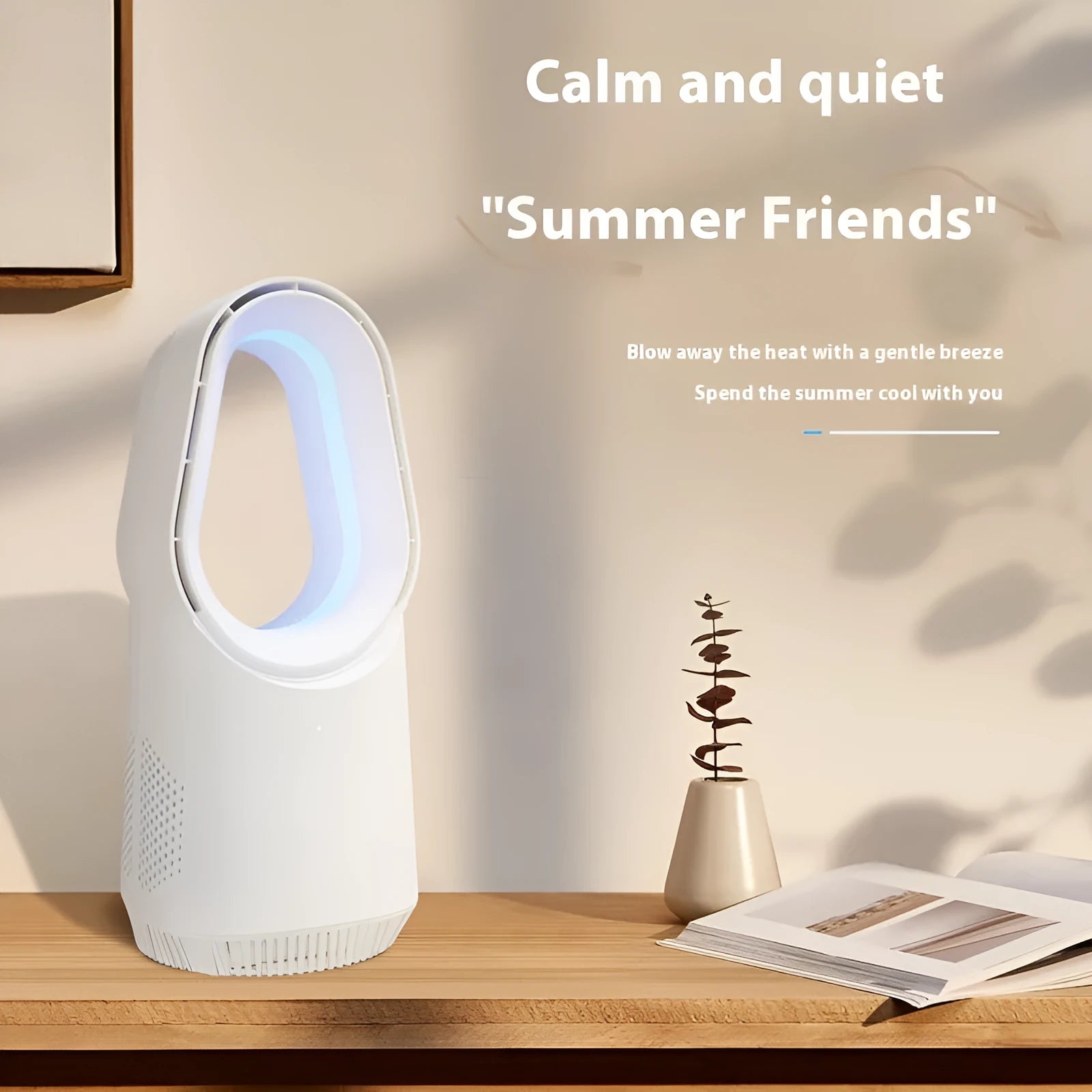 SK white bladeless tower fan with remote control on a wooden floor next to a desk.