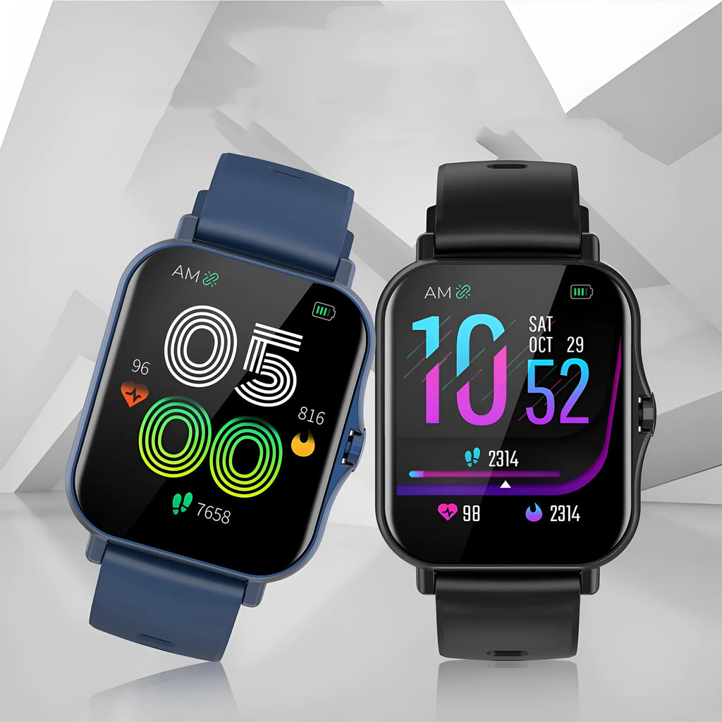 Blue Bluetooth smart watch with heart rate and blood pressure monitoring on a 1.75-inch screen.