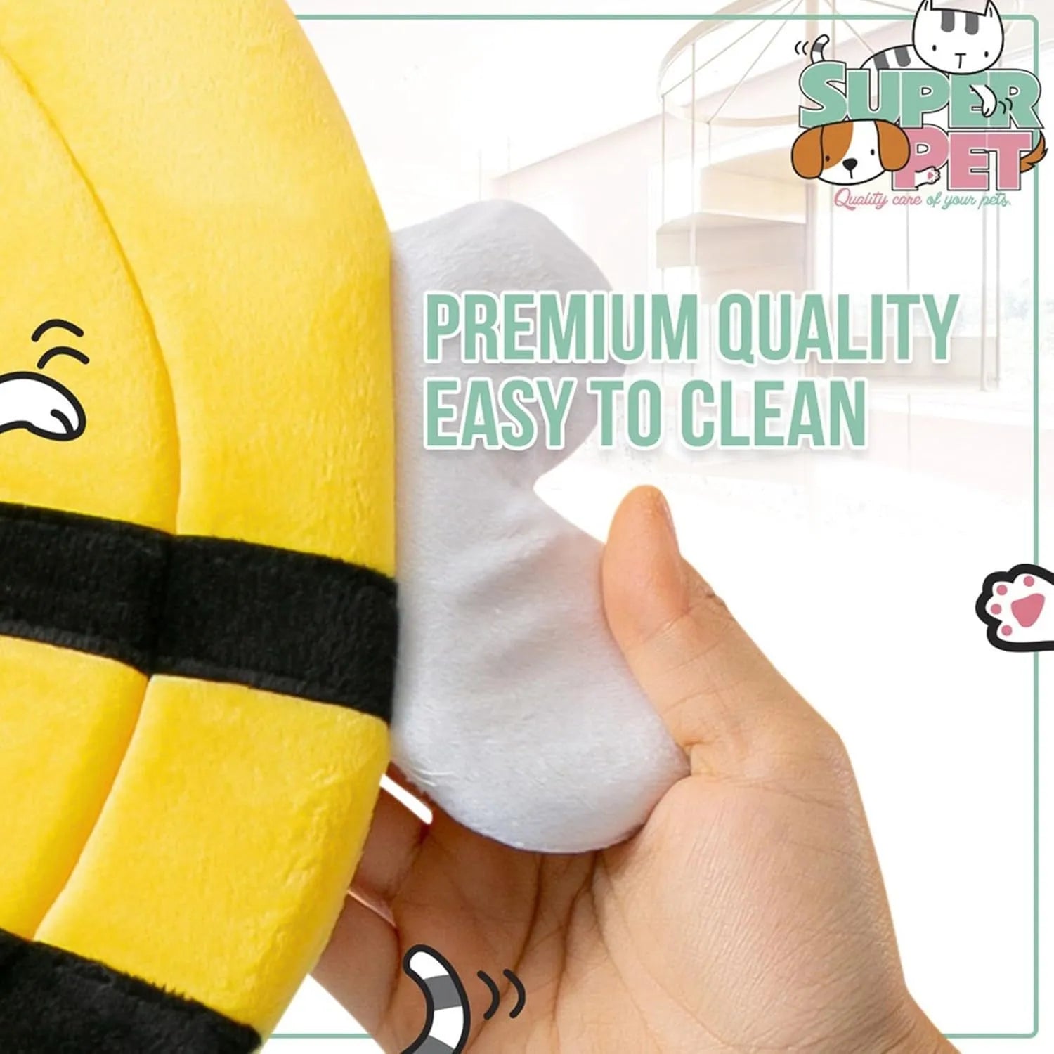 Soft cat cone collar with bee design showing Velcro closure and fabric construction