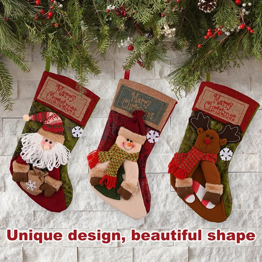 Christmas stocking decorations with 3D applique snowman, Santa elf and reindeer designs in mixed colours