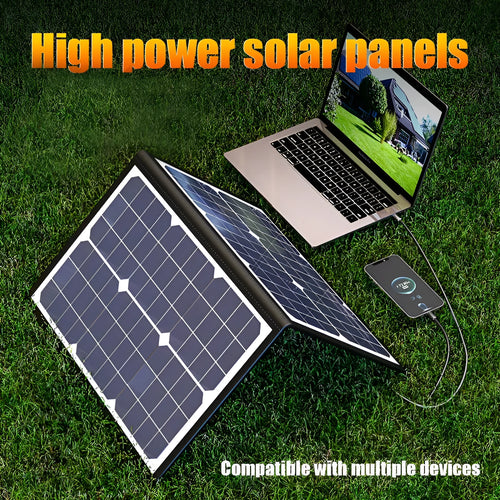 Black 40W folding solar charger bag showing compact folded size and single crystal panel.