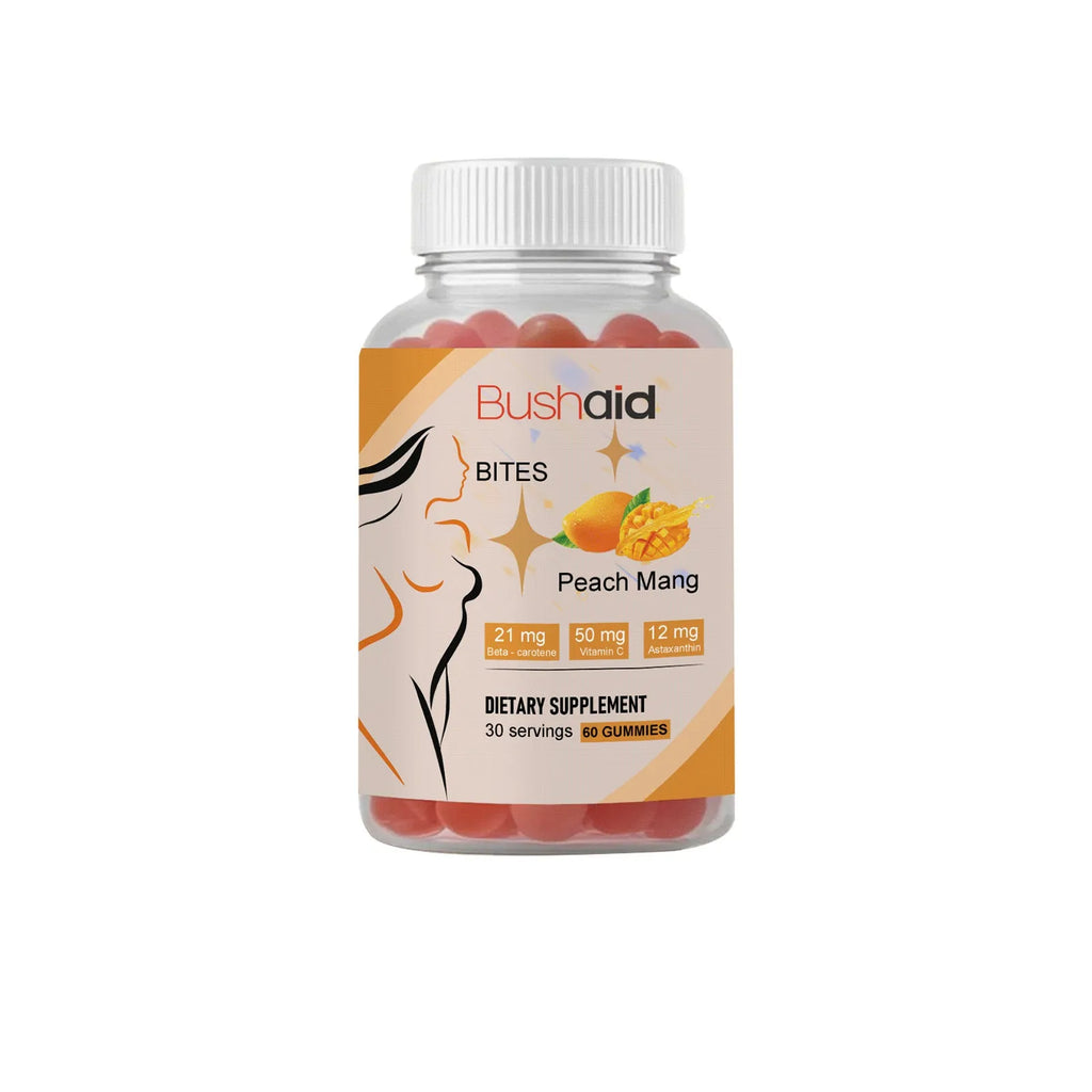 BUSHAID Tanning Gummy Candies container showing 60 soft candies with astaxanthin and vitamin D3
