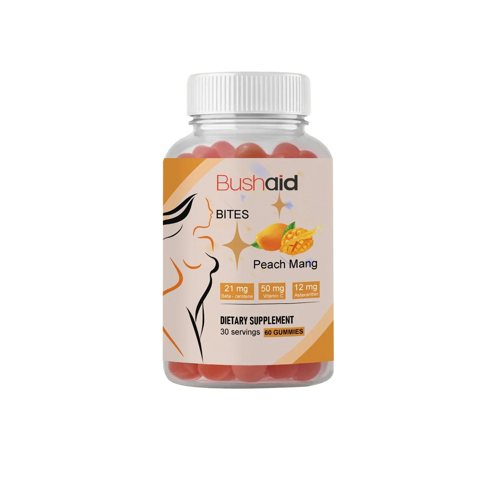 BUSHAID Tanning Gummy Candies container showing 60 soft candies with astaxanthin and vitamin D3