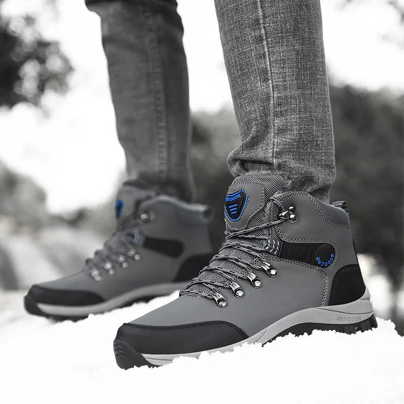 Men's winter snow boots in black, grey, or khaki with plush lining, lace-up front, and TPR sole.