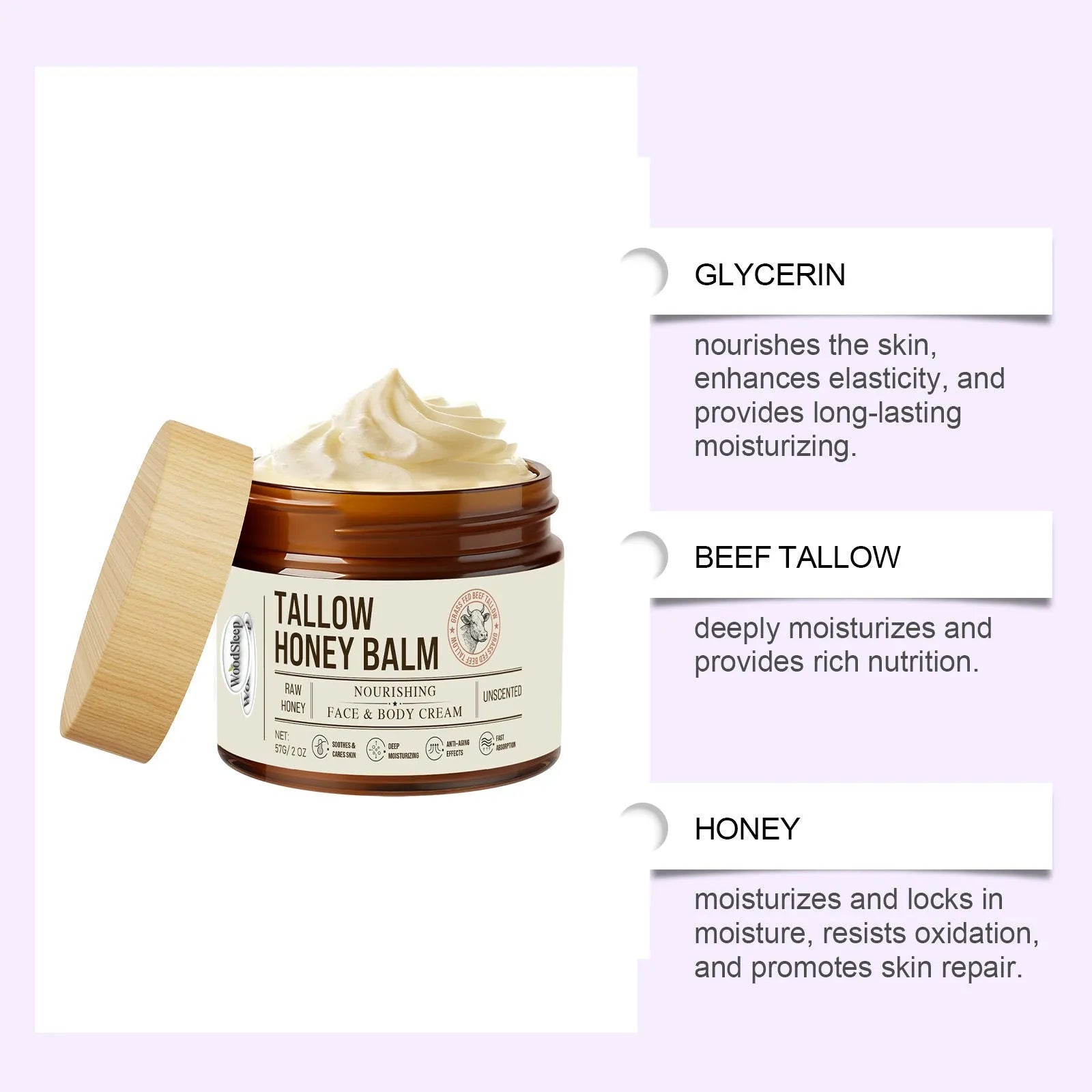 57g jar of tallow honey moisturising cream with sun protection ingredients for skin repair