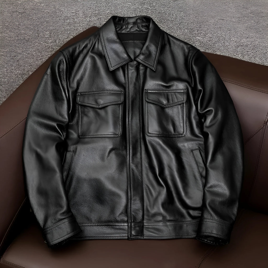 Men's brown plus size lapel leather jacket with side pockets on a hanger