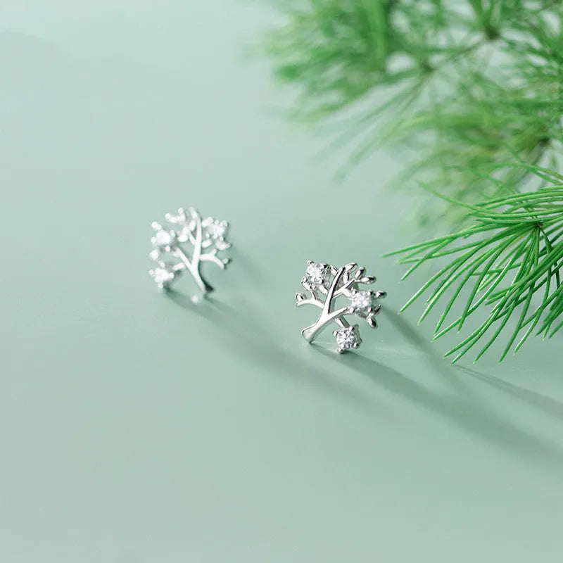 White gold coloured copper stud earrings with cute little tree design electroplated finish for women