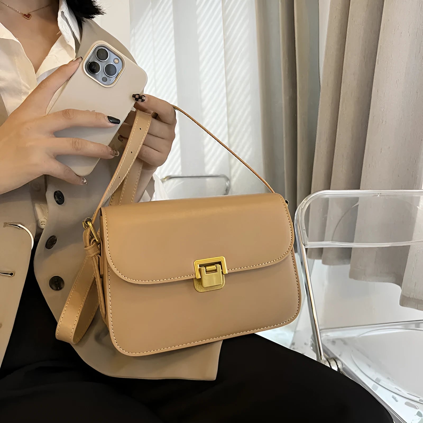 Soft PU women's small square cross-body bag in horizontal shape with underarm strap