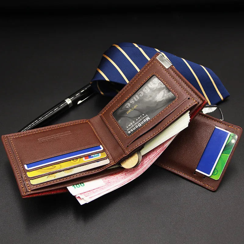 Men's iron-edge card-picking wallet in PU leather showing compact 12cm design with card organisation features