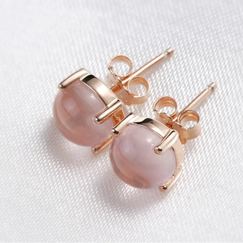 Women's rose gold synthetic ross quartz stud earrings with drop shape Korean style design