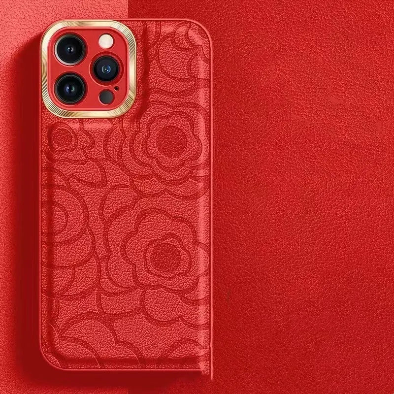 Camellia leather pattern iPhone case with soft edge and hard back in antique white