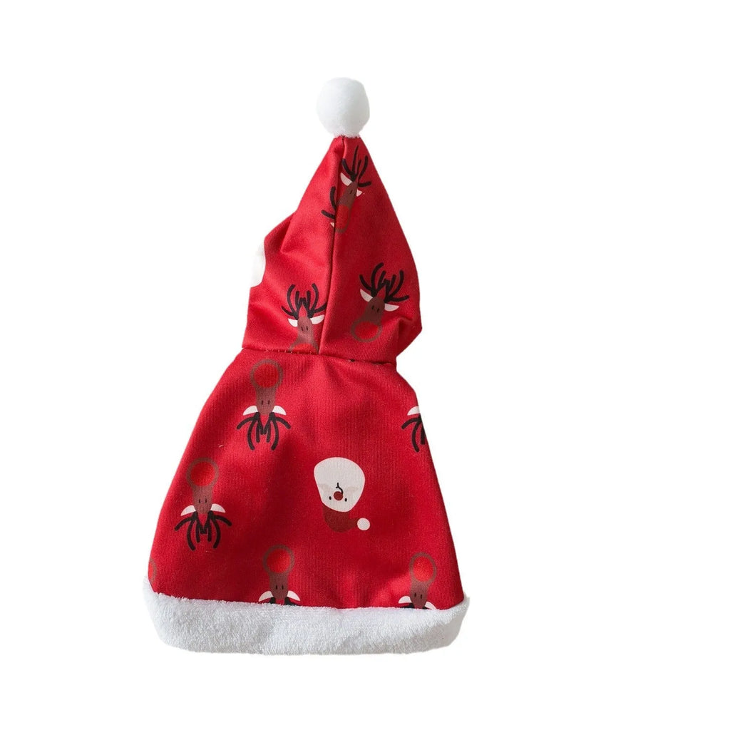 Red deer-print Christmas cloak cape on a cat, showing Little Red Riding Hood style.