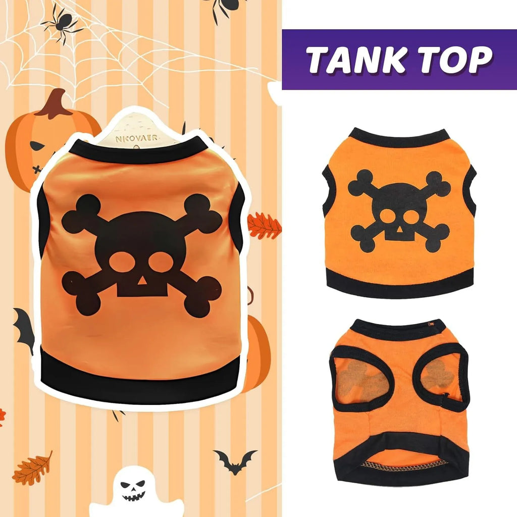 Set of five blue, orange, and purple cotton dog vests with Halloween skull bones pattern.