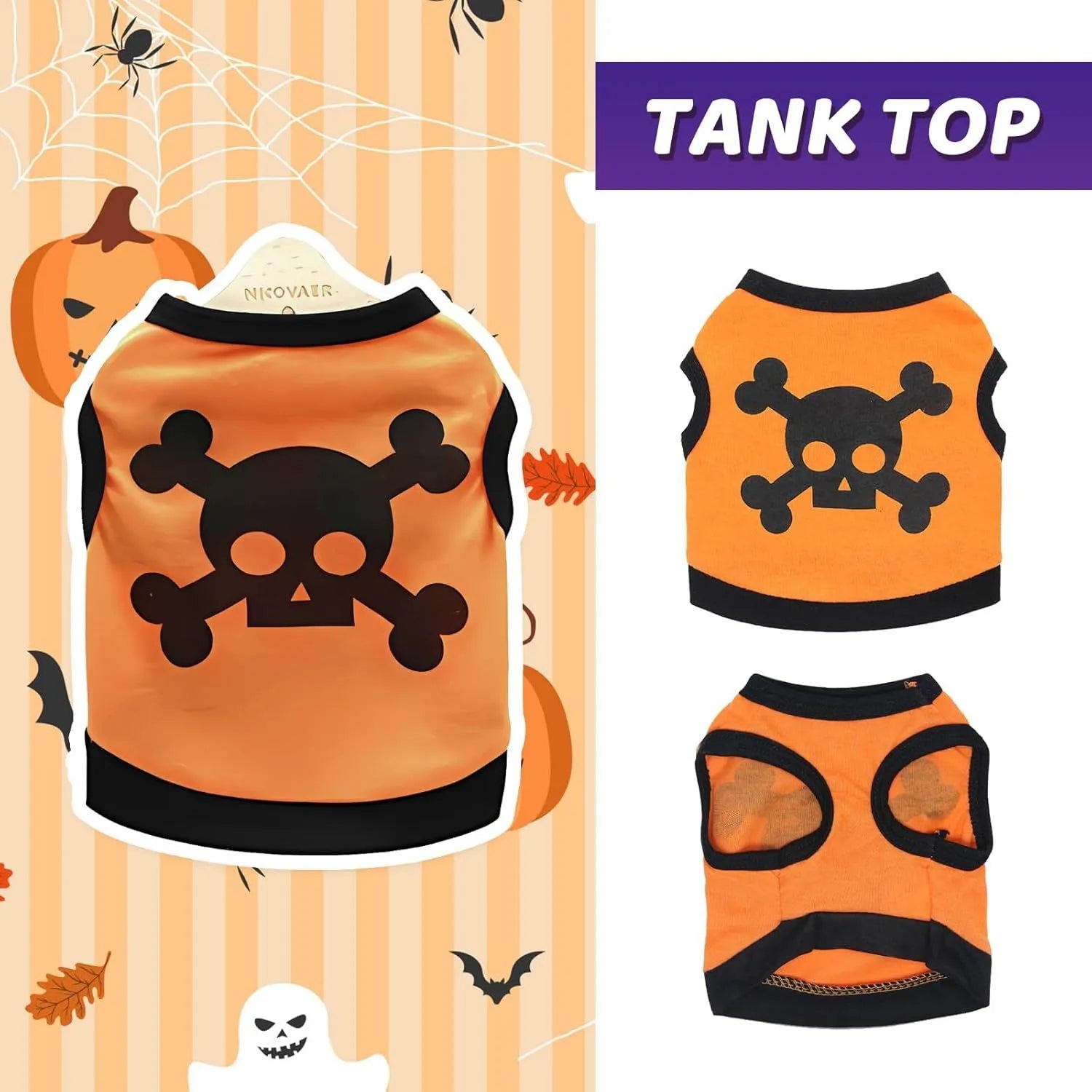 Set of five blue, orange, and purple cotton dog vests with Halloween skull bones pattern.