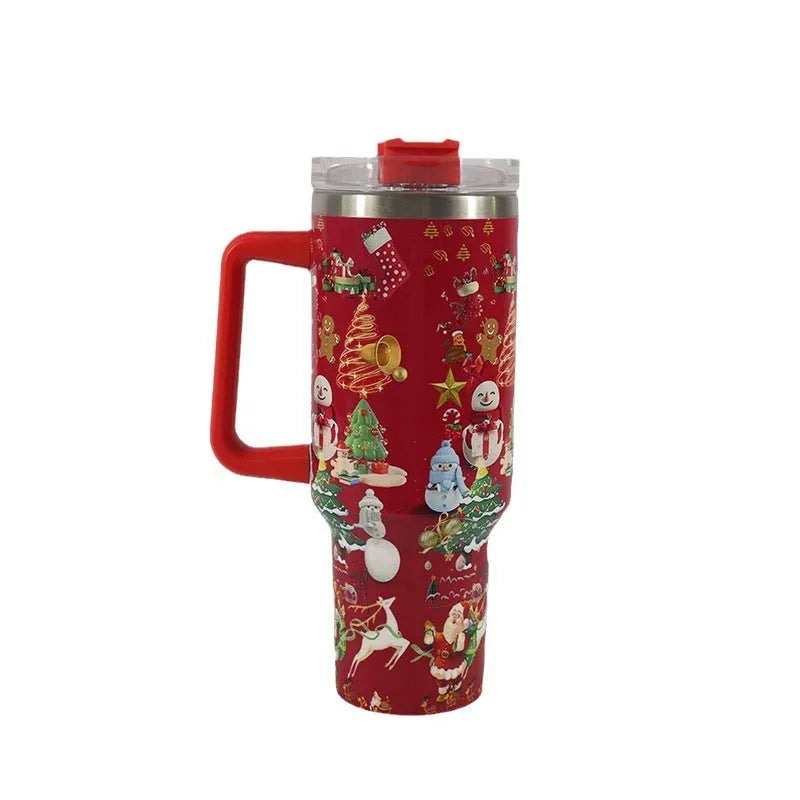 Christmas pattern stainless steel vacuum tumbler with handle and straw, 1200ml capacity
