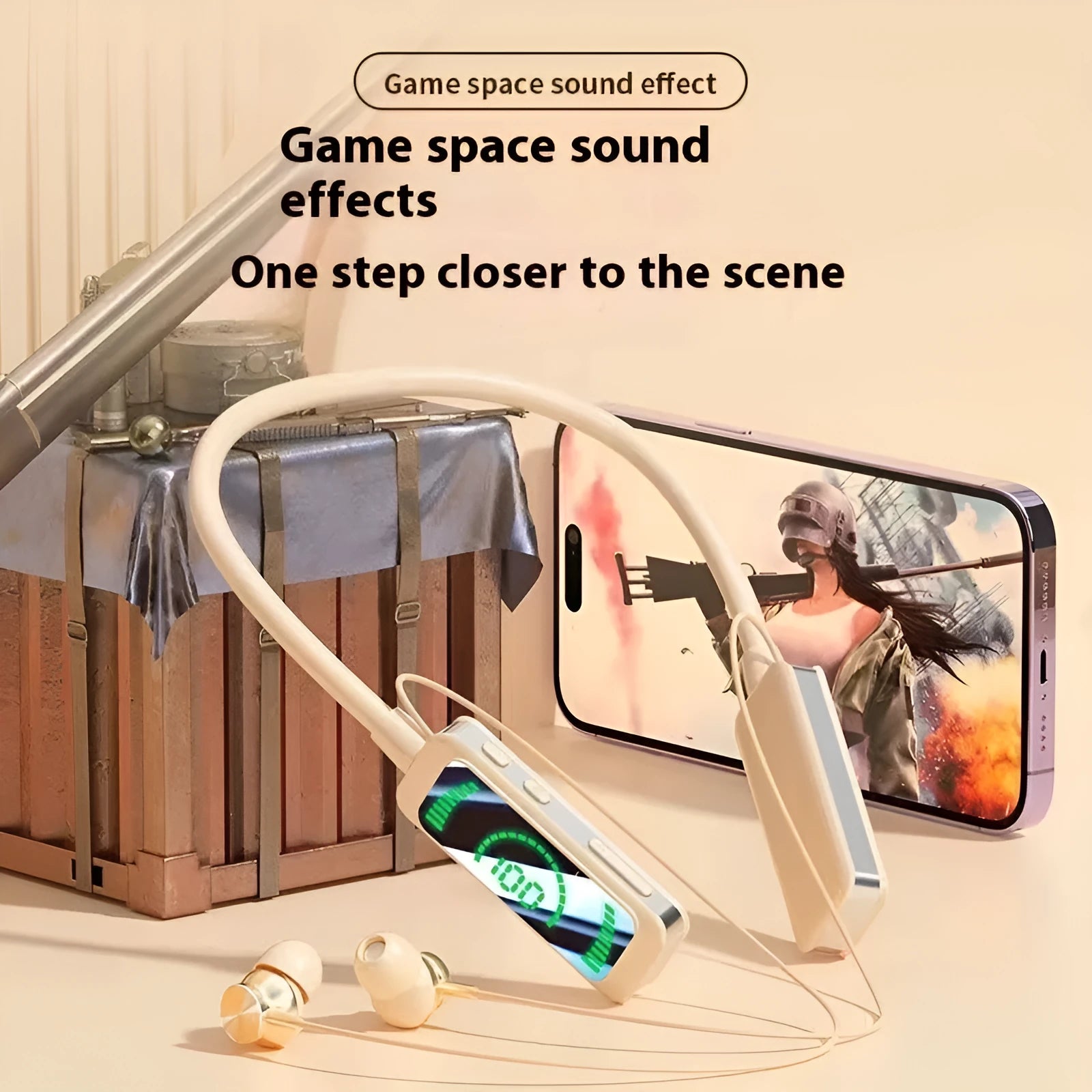 Neck-mounted wireless Bluetooth headset with digital display, in black, skin colour, or orange, PC ABS construction