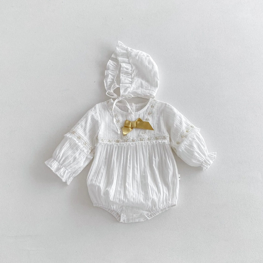 White infant Korean style cotton triangle jumpsuit romper with removable hood for girls