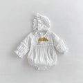 White infant Korean style cotton triangle jumpsuit romper with removable hood for girls