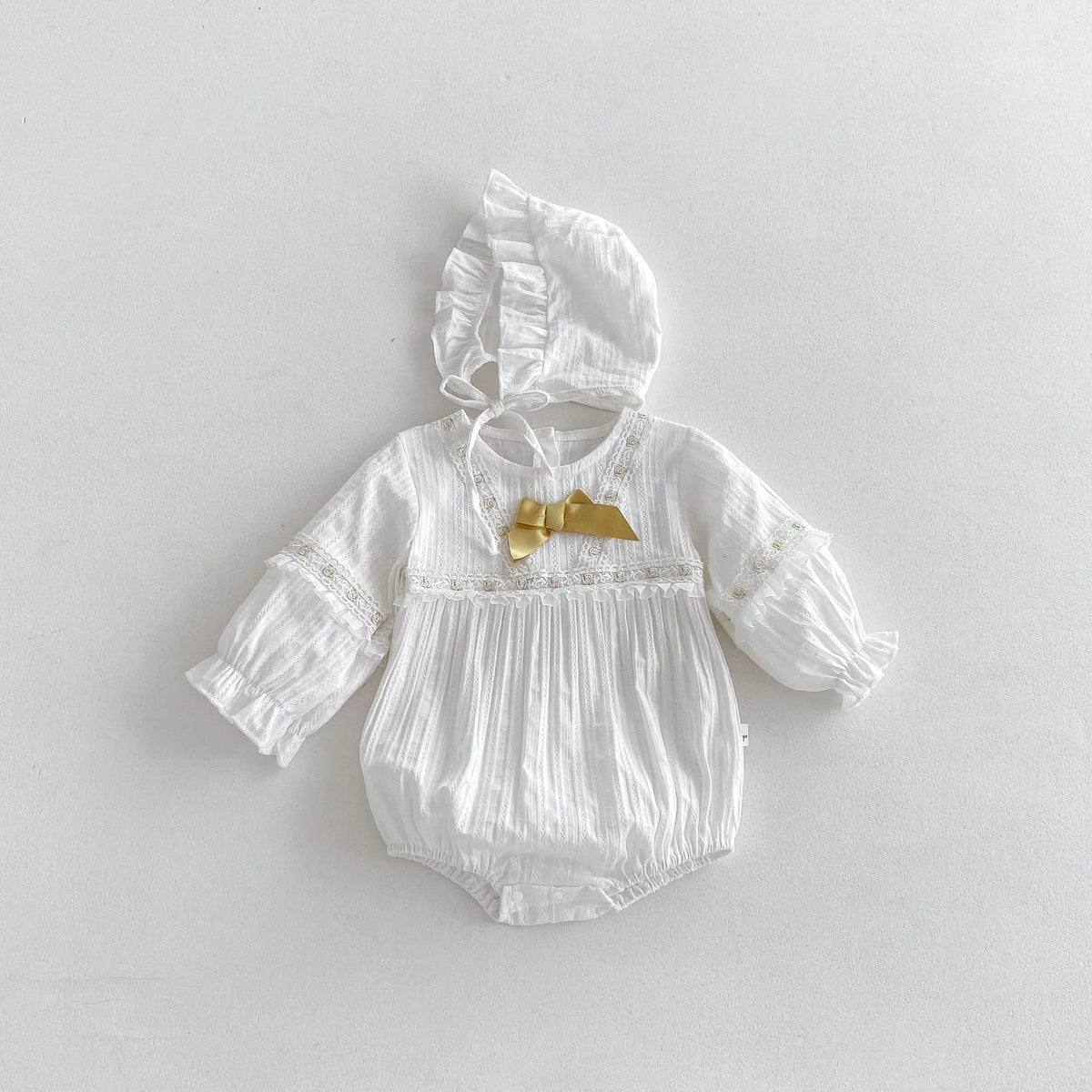 White infant Korean style cotton triangle jumpsuit romper with removable hood for girls