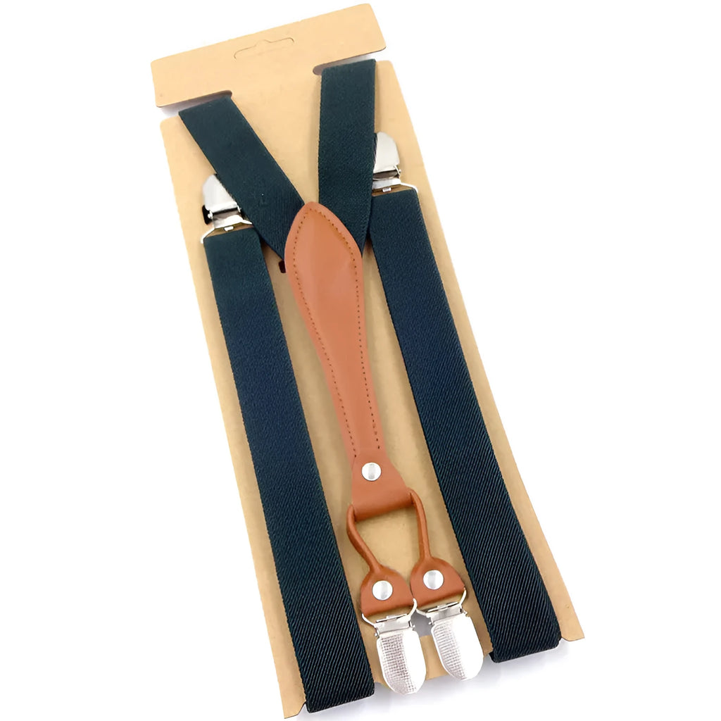 Candy colour suspender bow tie with elastic polyester ribbon, clip and snap button, 100-135cm adjustable length, unisex.