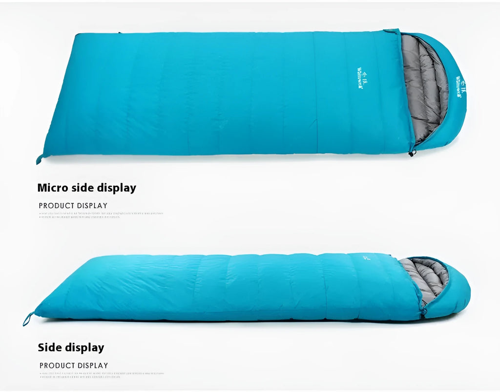 Black outdoor sleeping bag with envelope design, shown with a bladeless fan accessory.