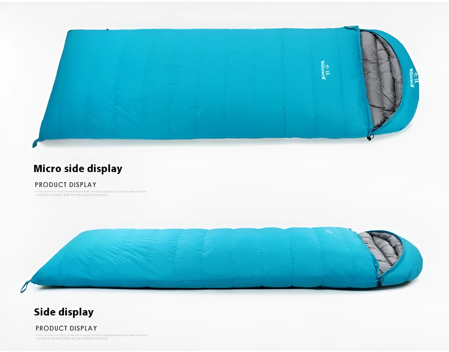 Black outdoor sleeping bag with envelope design, shown with a bladeless fan accessory.