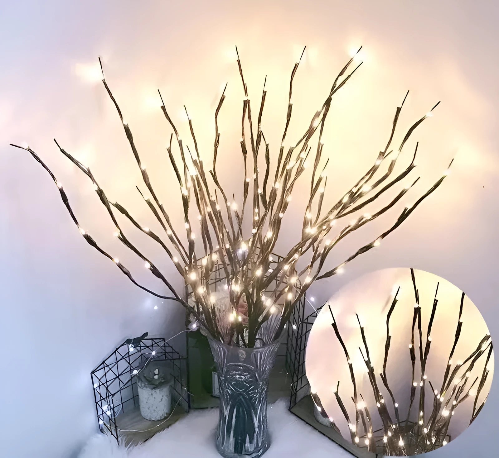 LED tree light with artificial silver branches in vase base showing multiple colour options
