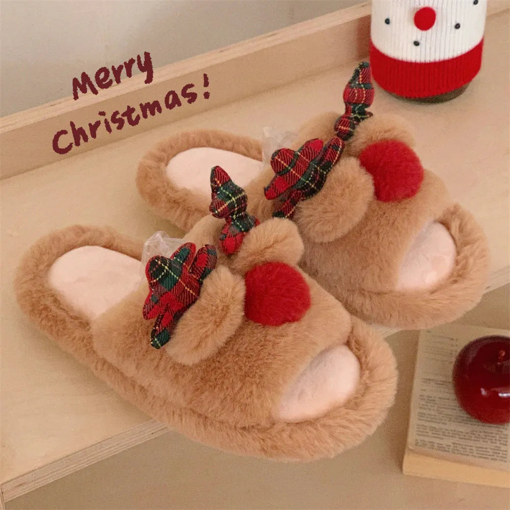 Brown suede slippers with cartoon deer design, flip-flop style with PVC sole
